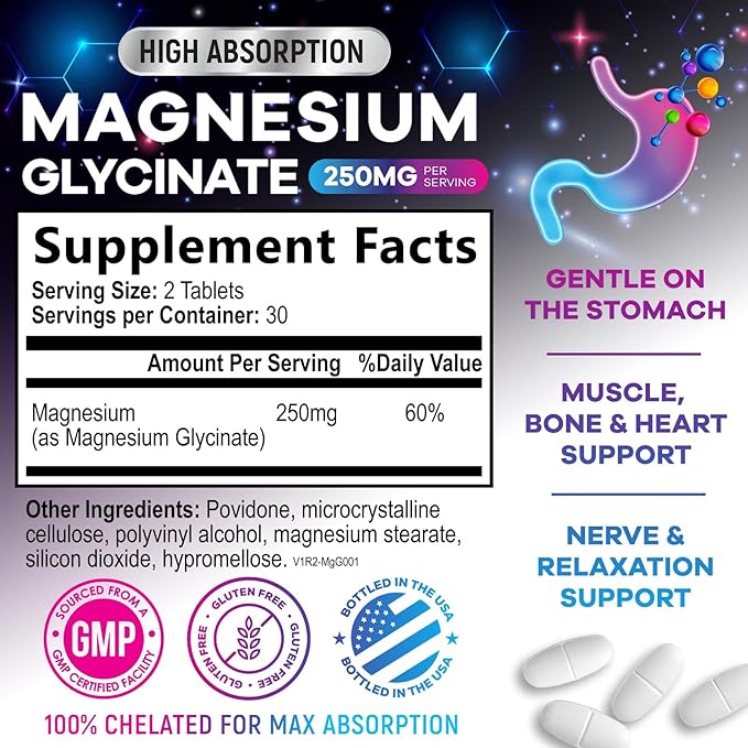 Magnesium Glycinate Chelated for Max Absorption - Supports Bone, Muscle, Nerves & Heart Health, Nature's Sleep and Stress Support, Best Magnesium Supplement Pills for Whole Body Support - 60 Tablets