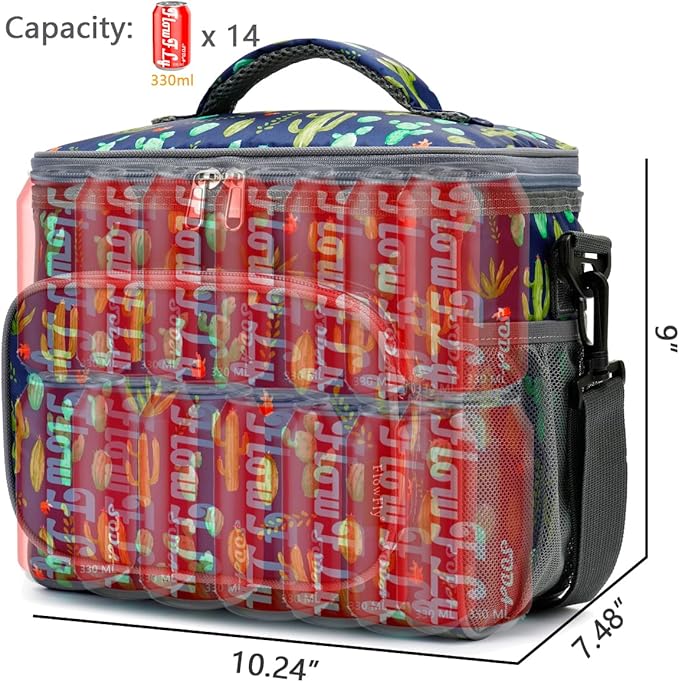FlowFly Insulated Reusable Lunch Bag Adult Large Lunch Box for Women and Men with Adjustable Shoulder Strap,Front Zipper Pocket and Dual Large Mesh Side Pockets,Cactus