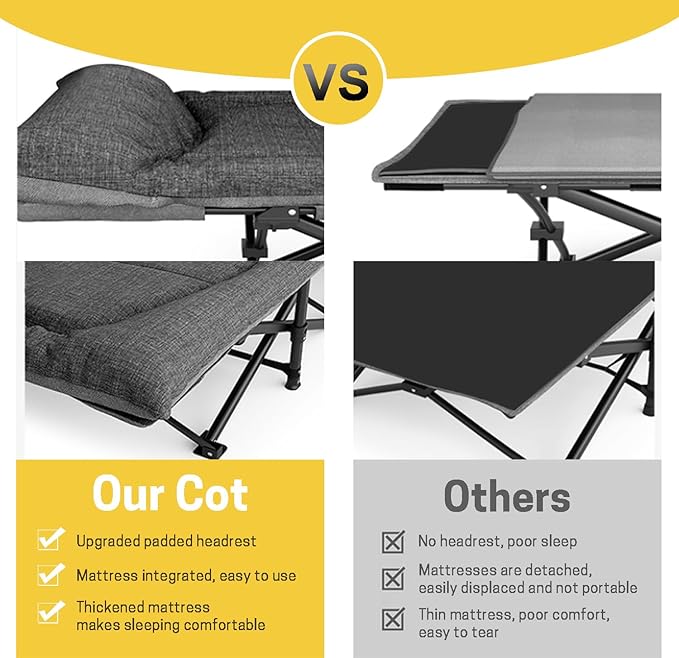 ATORPOK Camping Cot for Adults with Cushion and Pillow, Portable Folding Bed for Sleeping, Lightweight Tent cot with Carry Bag Supports 450 lbs (Grey)