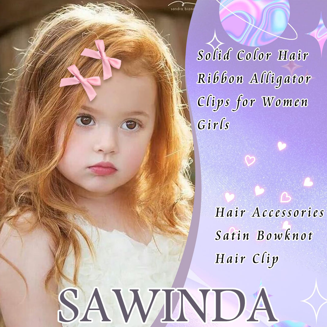 SAWINDA 30PCS Hair Accessories: Pink Satin Bows, Blue Mini Ribbons, Non-Slip Barrettes - Cute Clips for Kids, Women, and Girls