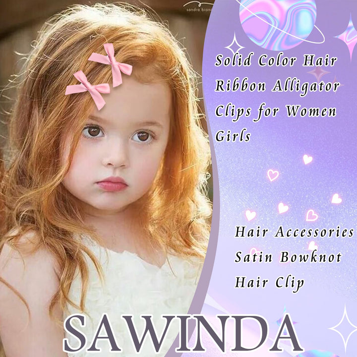 SAWINDA 30PCS Hair Accessories: Pink Satin Bows, Blue Mini Ribbons, Non-Slip Barrettes - Cute Clips for Kids, Women, and Girls