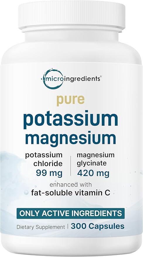 Pure Potassium Supplement with Magnesium Glycinate, 300 Capsules | Enhanced with Fat-Soluble Vitamin C | Chloride + Glycinate Mineral Electrolyte Complex | Only Active Ingredients | Filler Free
