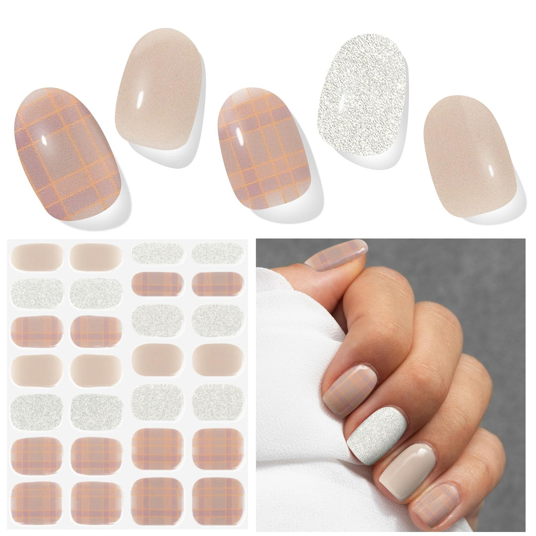 DUKASOU Semi Cured Gel Nail Strips, Milk Brown Sugar | 28 pcs Gel Nail Strips Work with Any UV Lamp, Salon Quality UV Nails Stickers, Easy to Apply for Home Nails DIY