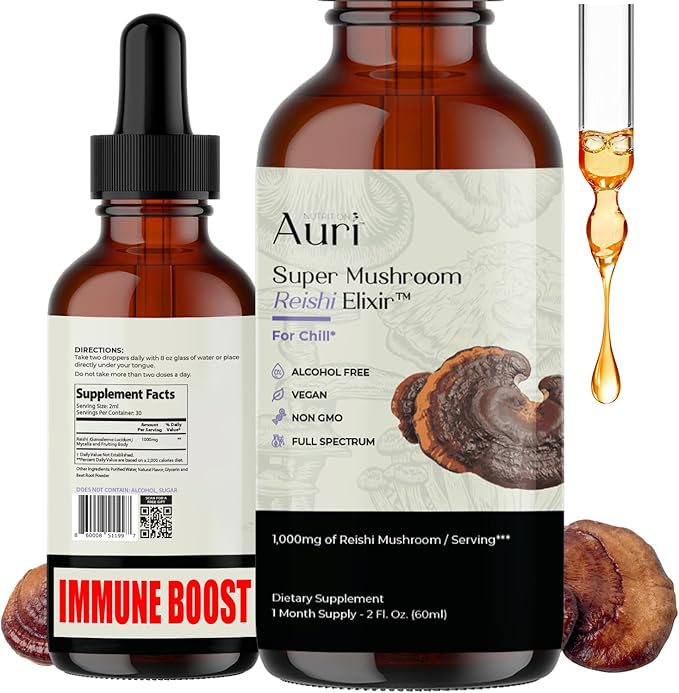 Auri Reishi Super Mushroom Elixir - Immune Booster and Stress Support Supplement to Achieve Deeper Sleep - Reishi Tincture 60ml