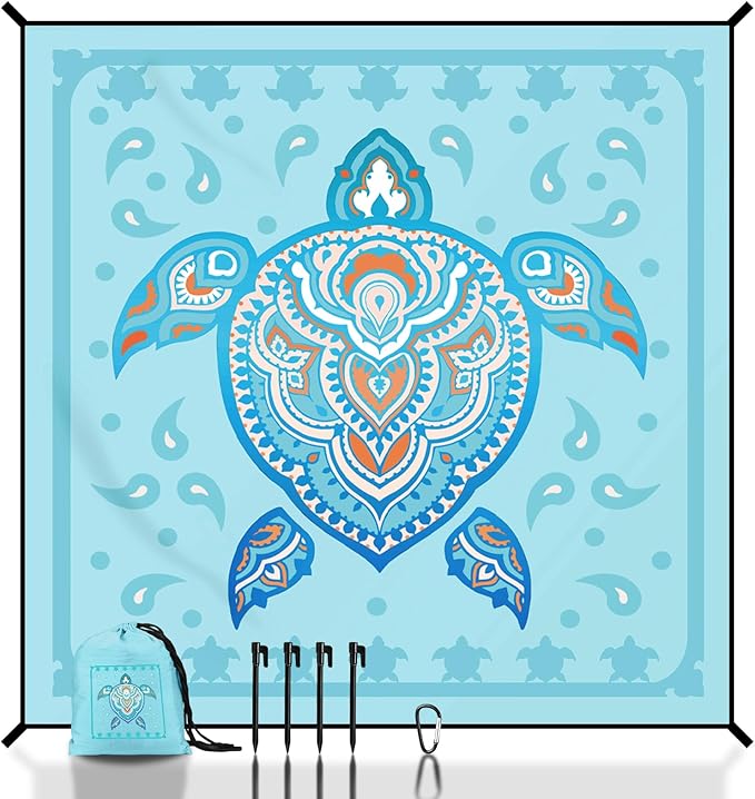 Beach Blanket Waterproof Sandproof, 79" x 83" Extra Large Sand Free Quick Drying Beach Mat, Compact Outdoor Picnic Mat for Travel, Hiking, Camping (Blue Sea Turtle)