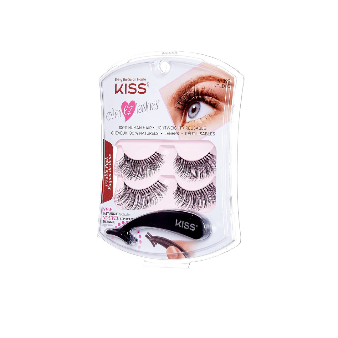 KISS Ever EZ Lashes Double Pack #11 with Easy Angle Lash Applicator, Easy-To-Apply Lightweight False Eyelashes, 100% Cruelty-Free Natural Human Hair, Reusable and contact lens friendly, 2 Pairs Black