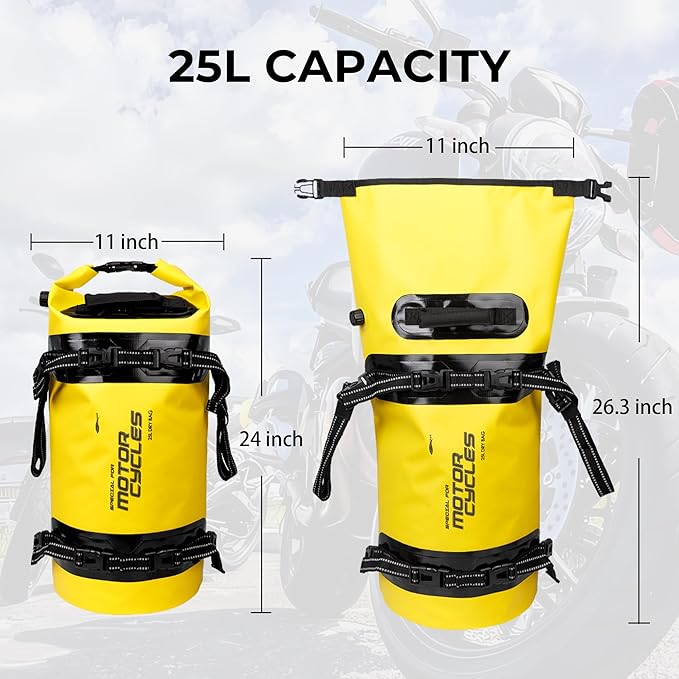 25L Waterproof Motorcycle Dry Bag - Motorcycle Luggage Tail Bag with Straps for Back Seat - Roll Top Dry Bag for Kayaking, Rafting, Boating, Camping, Travel, Beach