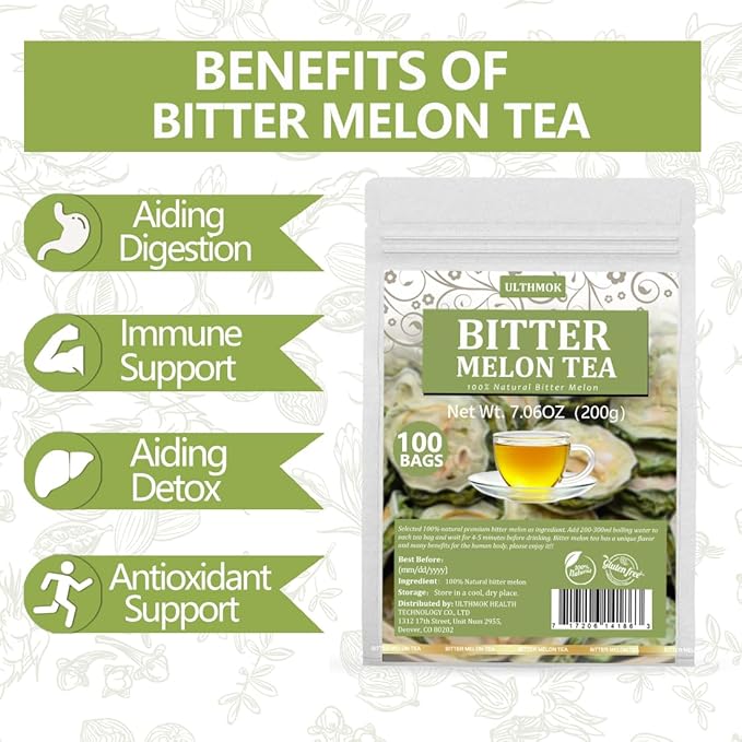 Premium 100 Bitter Melon Tea Bags, Made with 100% Pure Natural Bitter Melon, No Additives & Caffeine Free & No Sugar Added.