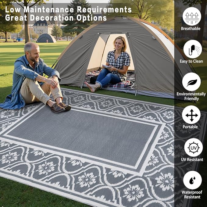 Plastic Outdoor Rug 6'x9' Waterproof Camping Carpet Outside Area Rug Reversible Grey Rugs for RV Deck Entryance Porch Picnic Balcony Beach