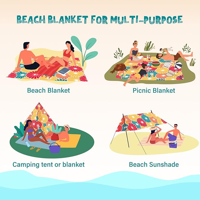 Beach Blanket Waterproof Sandproof 1-7 Adult Oversized 78 '' × 81 '' Lightweight Durable Compact Sand Free Beach Mat for Travel Camping Hiking Picnic Blanket Extra Large