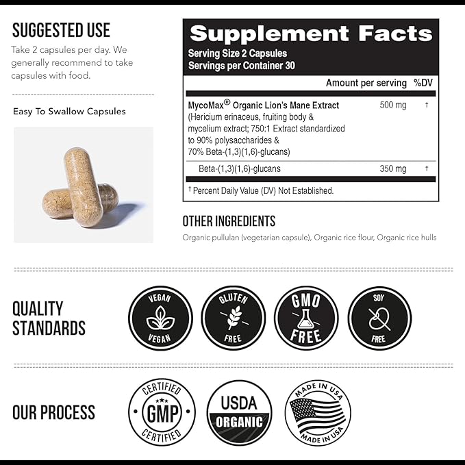 MycoMax Lions Mane Supplement - 70% Beta Glucans, Max Potency Organic Lions Mane Extract, US Grown + Ultrasonic Extraction - 500 mg serving - Supports Mental Clarity, Focus and Memory - 60 Capsules