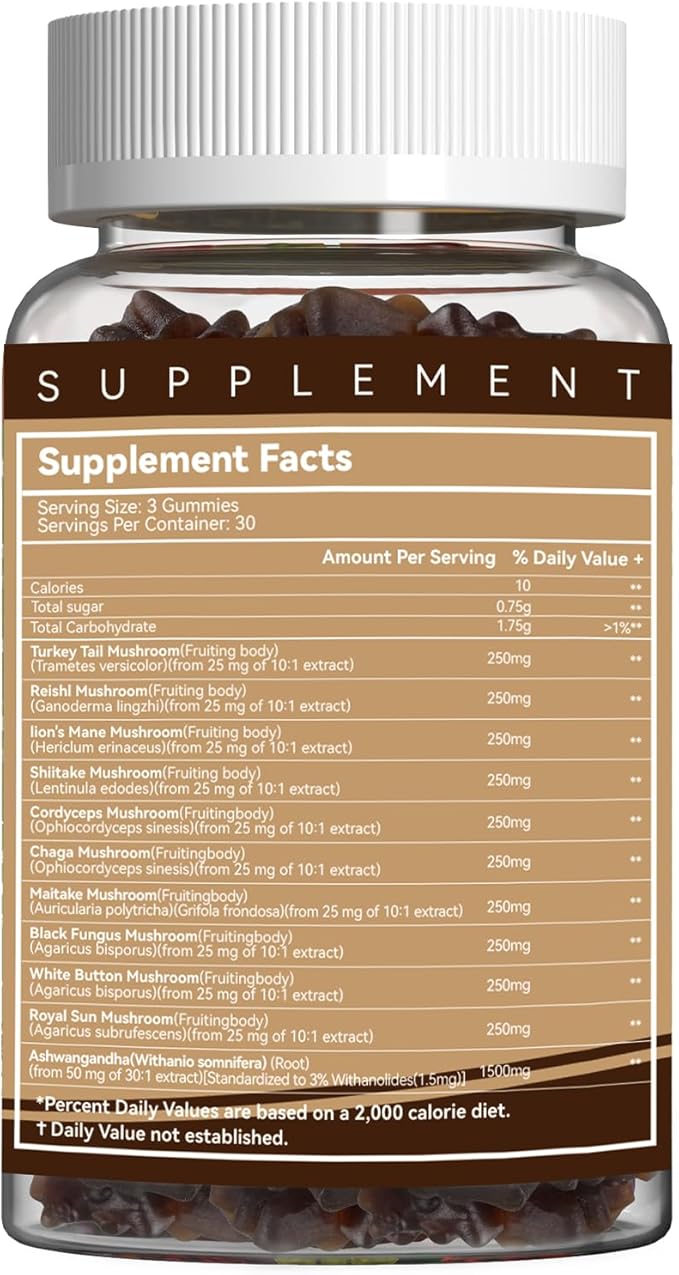 Mushroom Gummies Supplement - with Ashwagandha, Lions Mane, Shitake Mushrooms, Turkey Tail, Chaga, and Cordyceps Mushroom for Immune Health, Mood & Stress Support (90 Gummies)