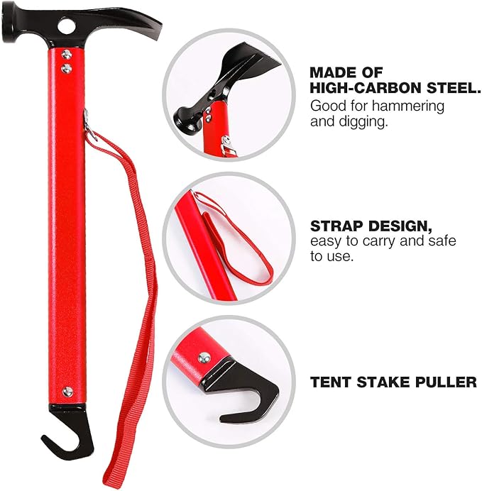REDCAMP Aluminum Camping Hammer with Hook, 12" Portable Lightweight Multi-Functional Tent Stake Hammer for Outdoor,Black/Red/Orange/Blue
