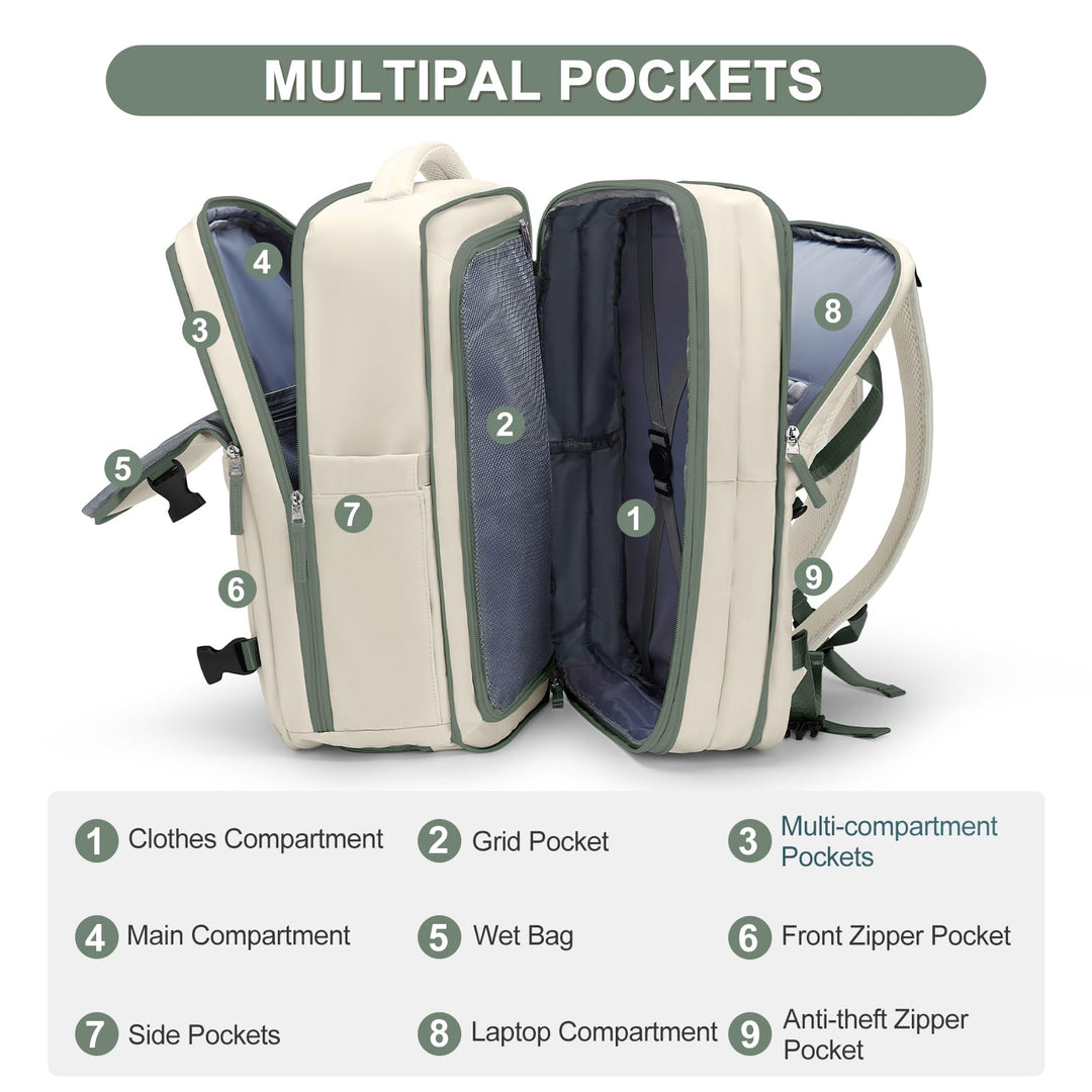 Casual Backpack Traveling Backpack, A-beige With Green, Expandable, Travel Backpacks