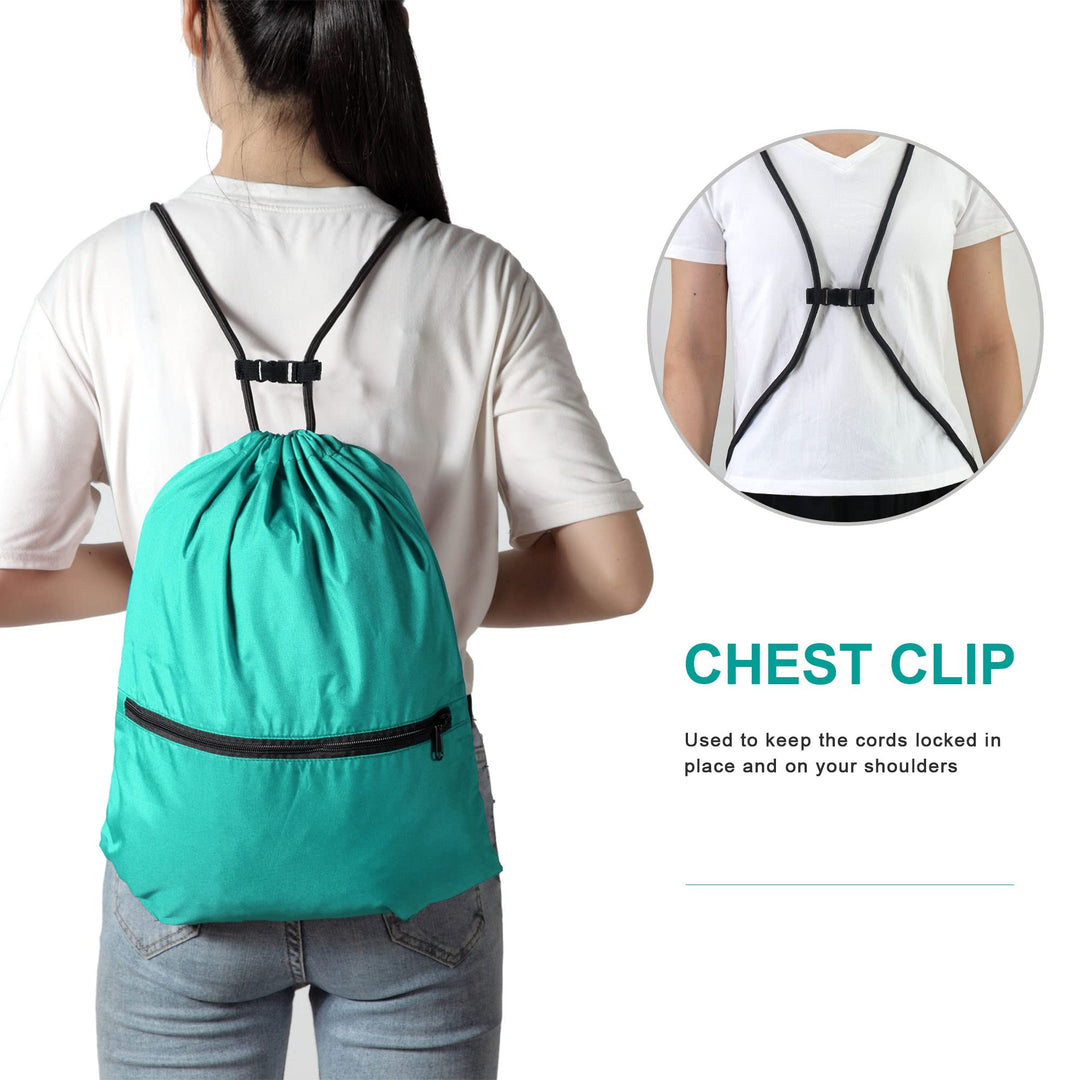 BeeGreen Teal Drawstring Backpack with Front Zipper Pocket and Inner Pocket Large 18.5" L x 13.8" W String Sackpack Cinch Sack Gym Sports Workout Athletic Bag For Men Women