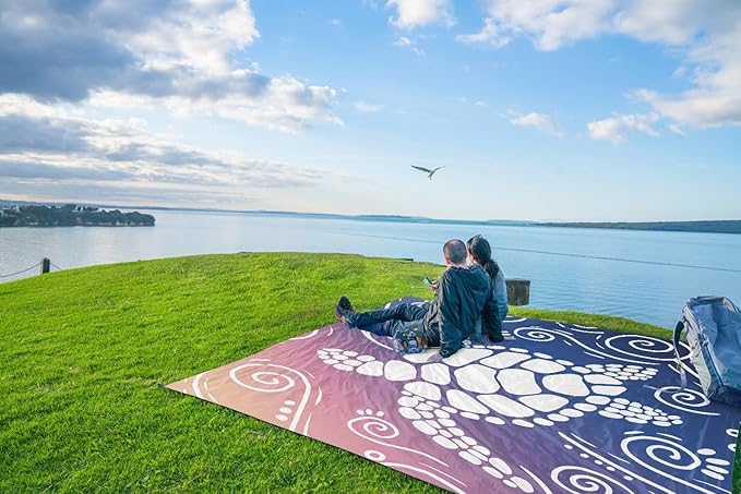 WEKAPO Beach Blanket Waterproof Sandproof Oversized Extra Large Sand Free Beach Mat with Stakes, Storage Bag - Essentials for Outdoor Beach, Picnic (Deep Blue Sea Turtle, 8 X 7 FT (1~4 Person))