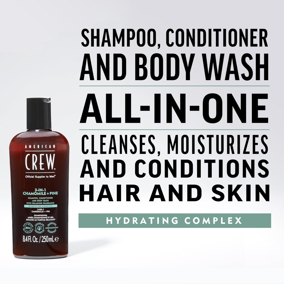 AMERICAN CREW 3-IN-1 CHAMOMILE + PINE Shampoo, Conditioner and Body Wash, 8.4 Fl Oz (Pack of 1)