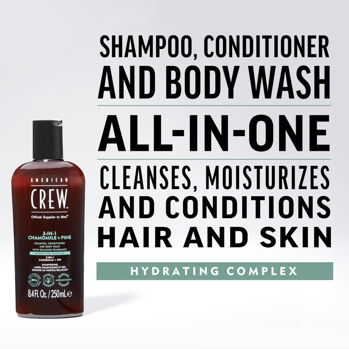 AMERICAN CREW 3-IN-1 CHAMOMILE + PINE Shampoo, Conditioner and Body Wash, 8.4 Fl Oz (Pack of 1)