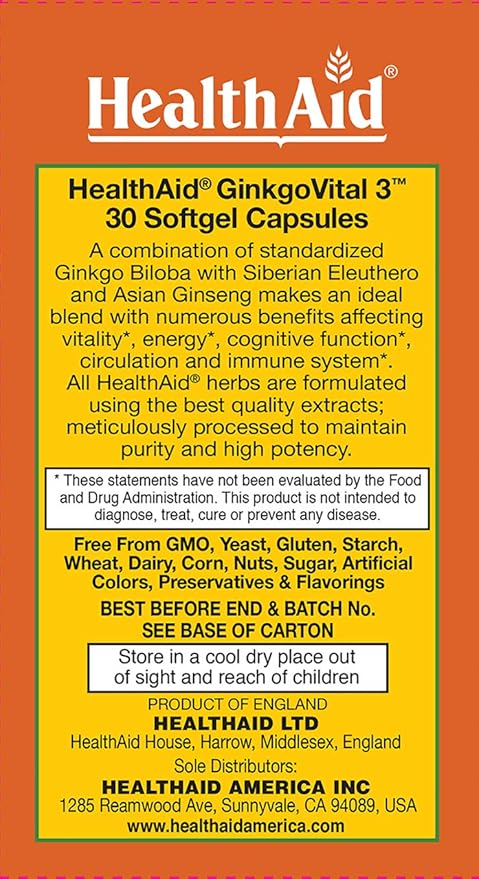 Ginkgo Vital 3 with Siberian Eleuthero and Ginseng, Once Daily, 30 Softgel Capsules, Helps Increase Blood Circulation and Promote Mental Clarity, Alertness, and Focus