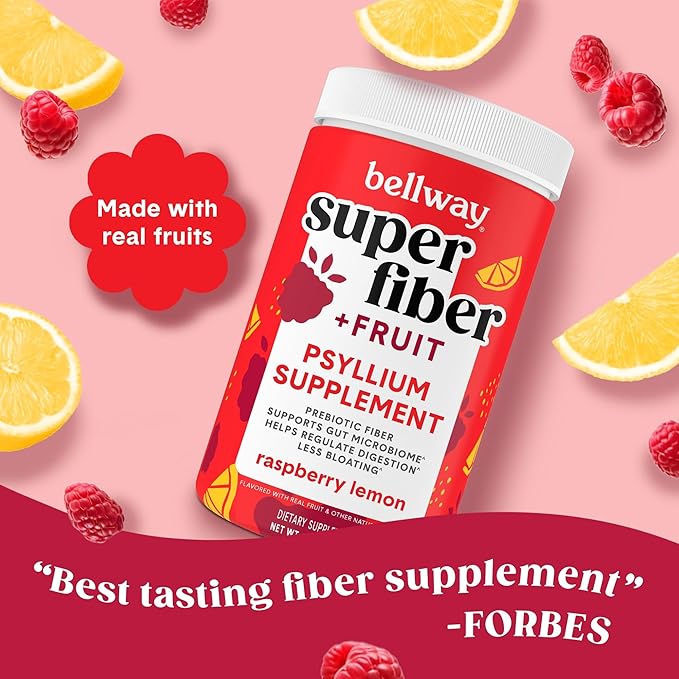 Bellway Super Fiber Powder + Fruit, Sugar Free Organic Psyllium Husk Powder Fiber Supplement for Regularity, Bloating Relief & Gut Health, Non-GMO, Plant-Based, Raspberry Lemon (50 Servings)
