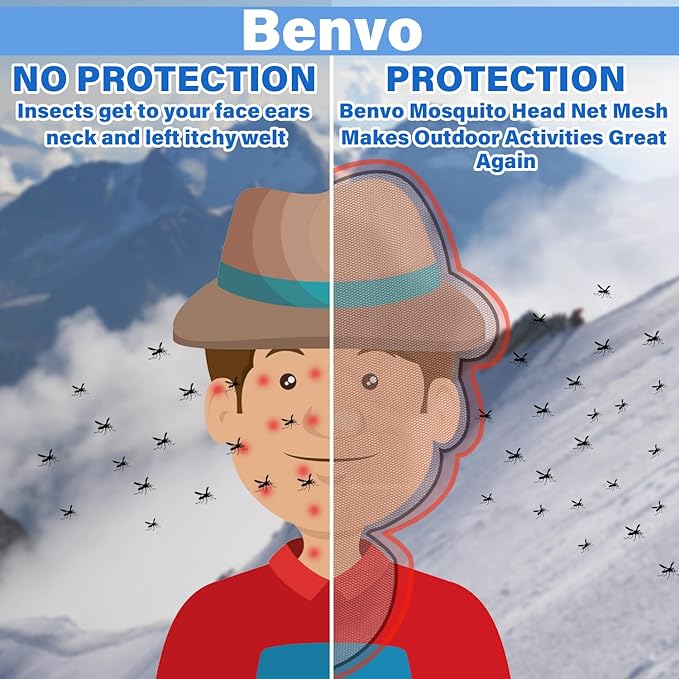 Benvo Mosquito Head Net Mesh One Piece Face Neck Fly Netting Cover from Bugs Gnats Noseeums Hat-Compatible Insect Shield for Fishing, Camping, Gardening (2pcs, Black, Upgraded Big Net)