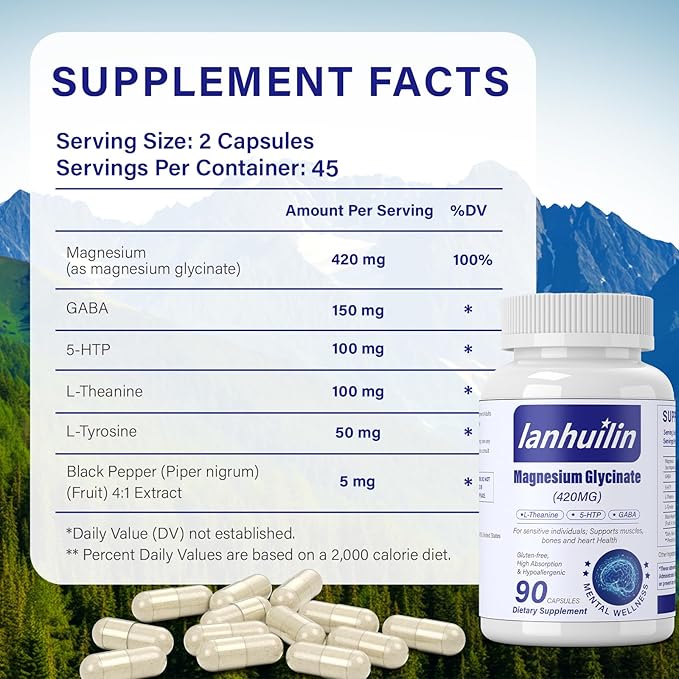 6-in-1 Magnesium Complex, 420mg Pure Magnesium Glycinate, Magnesium Supplement with GABA, 5-HTP, L-Theanine, L-Tyrosine, Vegetarian & High Absorption, 90 Capsules