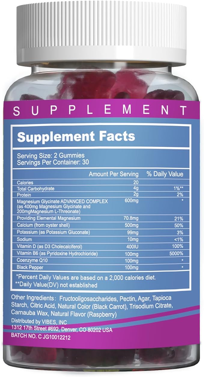 Magnesium Glycinate Gummies 400mg with L-Threonine 200mg - Sugar-Free Magnesium Potassium Supplement with Vitamin D, B6, CoQ10 for Muscle - 60 Mixed Berry Flavored Gummies