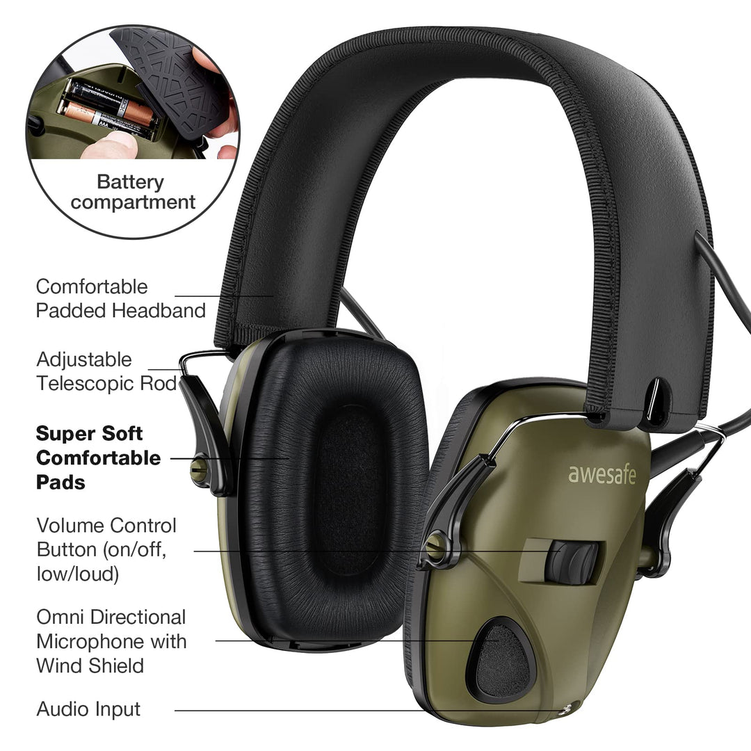awesafe Electronic Shooting Earmuffs Ear Hearing Protection Headphones for Shooter Gun Range Noise Reduction Sound Amplification (Green)