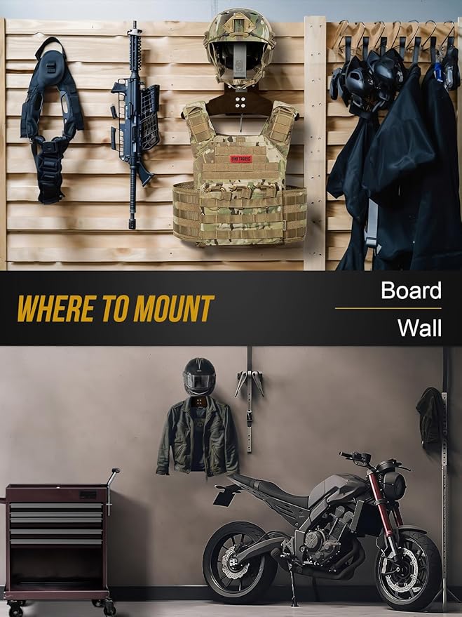 OneTigris Tactical Gear Wall Mount, Motorcycle Helmet Holder Wall Mount Stand, Plate Carrier Rack Jacket Hanger Display Organizer for Police Football Cycling Suit