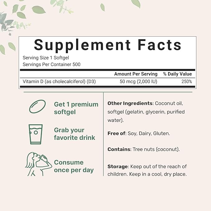 Vitamin D3 2,000 IU | 500 Softgels with Virgin Coconut Oil for Better Absorption | Vitamin D Supplement as Cholecalciferol | Supports Calcium Absorption, Bone, Immune, & Heart Health