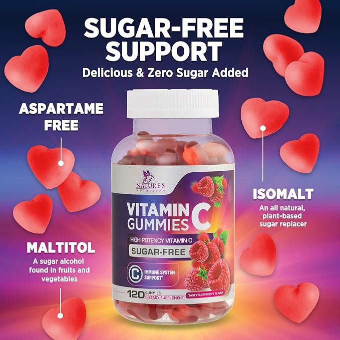 Zero Sugar Vitamin C Gummies - Immune Support & Antioxidant VitaminC Dietary Supplement - Vegan, Non-GMO, Dairy & Gluten Free C Vitamin Gummy - Raspberry Flavor for Kids & Adults - 120 Count Gummies