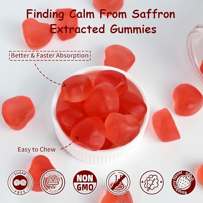 Saffron Gummies for Adults Kids - Organic Saffron Extract Supplement for Men Women Sugar Free for Mood Balance Support Better Sleep Metabolism with Vitamins Non GMO Strawberry Flavored 60 Days Supply
