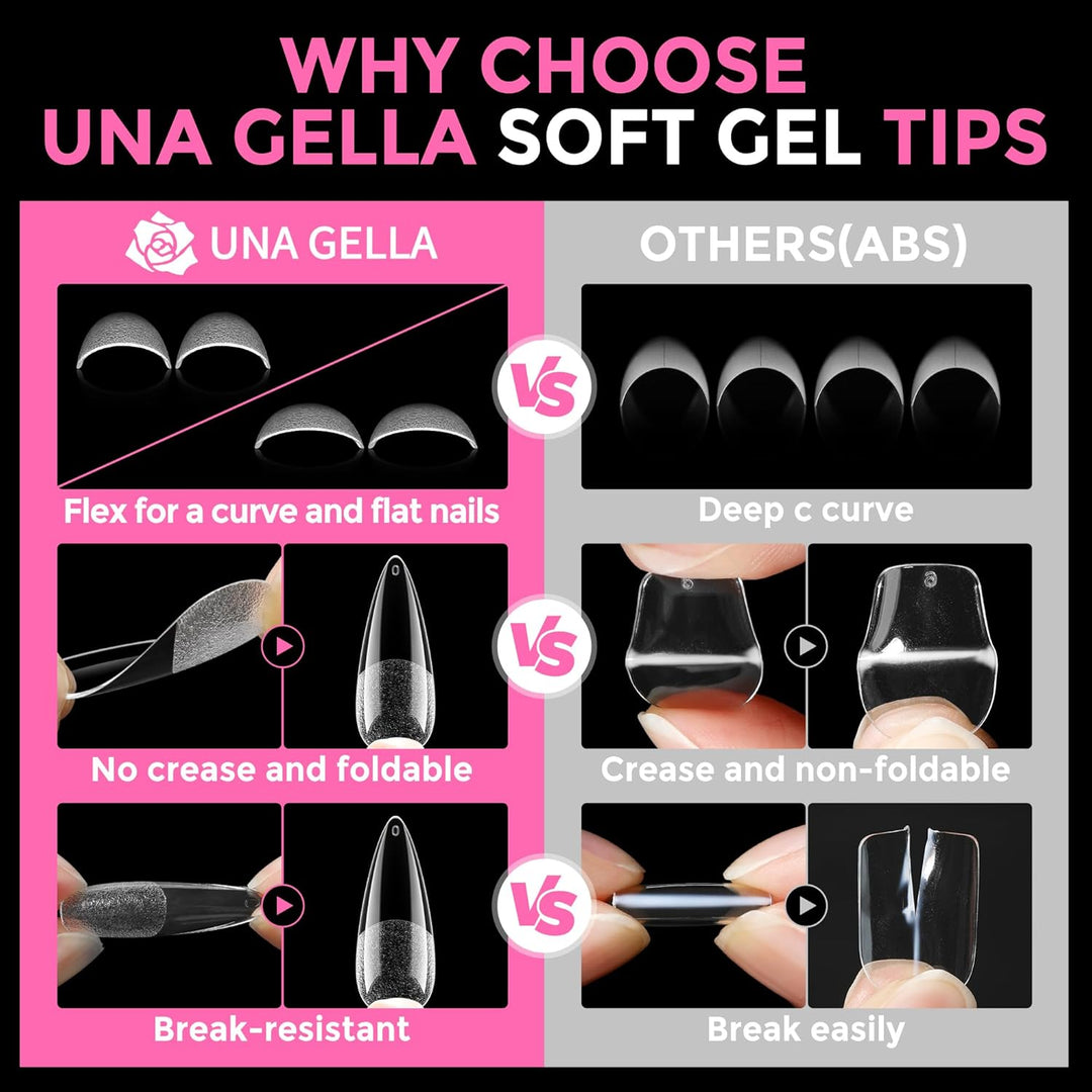 UNA GELLA 216 Pcs Square Toe Nail Tips | Soft Gel Full Cover Press-Ons