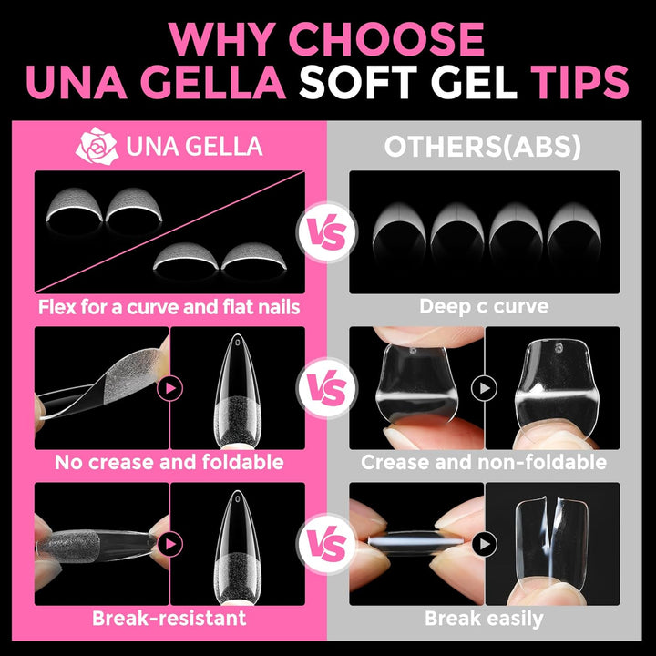 UNA GELLA 216 Pcs Square Toe Nail Tips | Soft Gel Full Cover Press-Ons