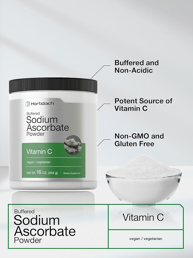 Horbäach Buffered Sodium Ascorbate Vitamin C Powder | 16 oz | Vegan, Non-GMO, and Gluten Free Supplement