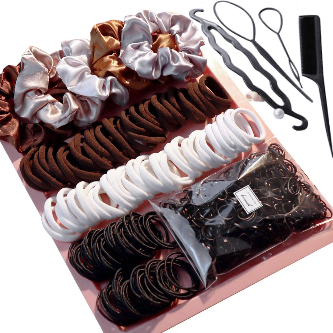 YANRONG Hair Accessories Set - 755 Seamless Ponytail Holders, Variety of Scrunchies, Bands, and Hair Ties for Thick and Curly Hair (light brown)