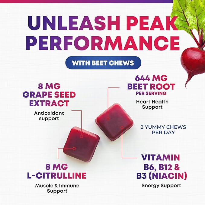 Beets Chews - Beet Root Gummies for Nitric Oxide Support, Superfood Beets Powder Soft Heart Chews, Grape Seed Extract & Non-GMO Beetroot Energy Supplement Supports Heart Health & Energy, 60 Soft Chews
