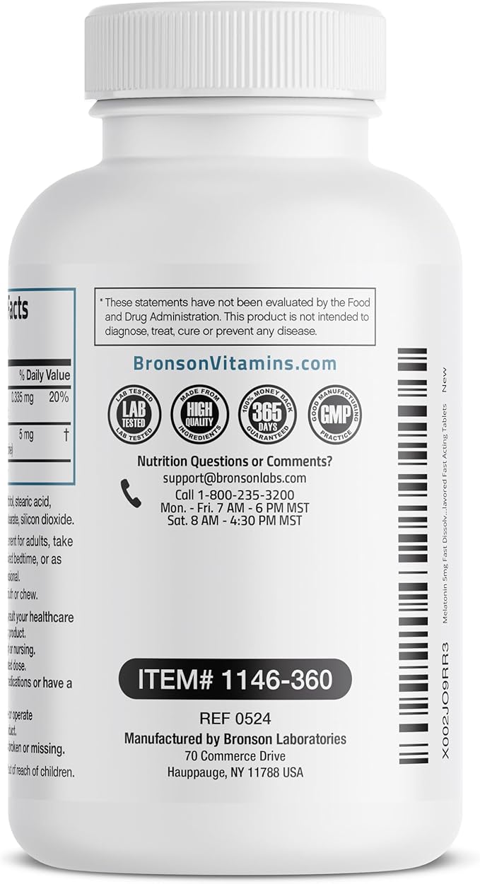 Bronson Melatonin 5mg Fast Dissolve Peppermint Tablets with Vitamin B6 - Promotes Relaxation, 360 Vegetarian Chewable Lozenges