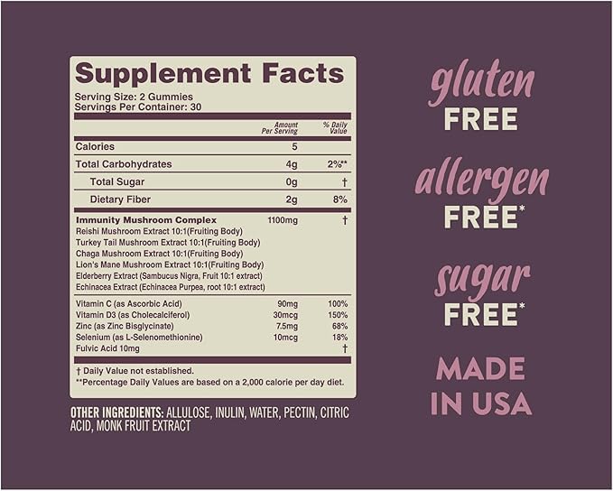 Immunity Mushroom Gummies – Mushroom Supplement w/Reishi, Turkey Tail, Chaga, Lion's Mane, Elderberry, and Echinacea – for Immune Support | Berry Flavor – Sugar Free, Vegan, Gluten-Free, 60 Gummies