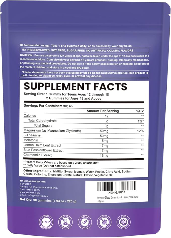 Sleep Gummies with 5mg Melatonin & 50mg Magnesium, L-Theanine, Lemon Balm, Blue Passionflower, Chamomile, Sleep Support, Help for Relaxation, Vegan, Grape Flavor, 90 Count