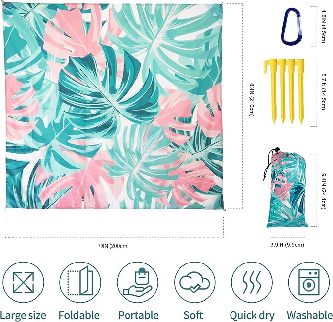 Beach Blanket, Waterproof Sandproof Beach Mat Oversized 79 X 83 Inch for 4-6 Adults, Lightweight Picnic Blanket, Portable Picnic Mat for Outdoor Travel Camping Hiking with 4 Stakes & 4 Corner Pocket