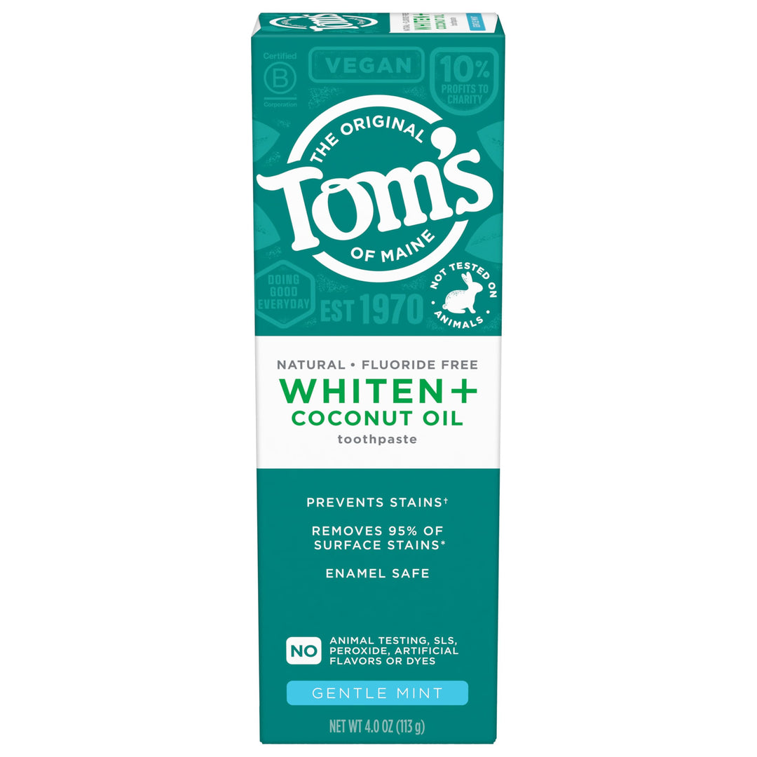 Tom’s of Maine Whiten Plus Coconut Oil Fluoride Free Toothpaste, Natural Whitening Toothpaste with Coconut Oil and Plant-Based Cleansers, Whitens Without Causing Sensitivity, Gentle Mint, 4.0 Oz