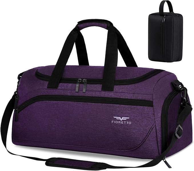 FIORETTO 35L Mens Sports Gym Bag with Toiletry Bag & Shoe Compartment, Travel Duffle Bag Overnight Bag with Padded Shoulder Strap, Sports Holdall for Swimming, Basketball Purple