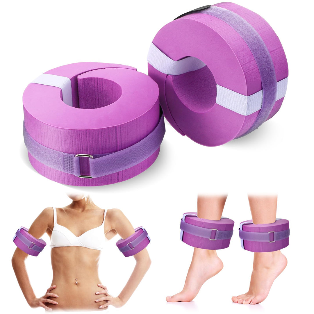 RoundFunny 2 Pcs Foam Swim Aquatic Cuffs Equipment Water Aerobics Float Ring with Detachable Hook and Loop Fastener Fitness Workout Set for Swimming Fitness Training Pool Exercise (Purple)