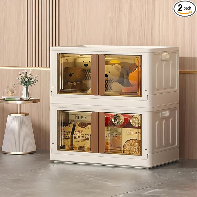 19Gal Collapsible Storage Bins with Lids & Wheels - 2 Pack Stackable with Doors, Heavy-Duty Plastic Cabinet for Home/Office, Milk White