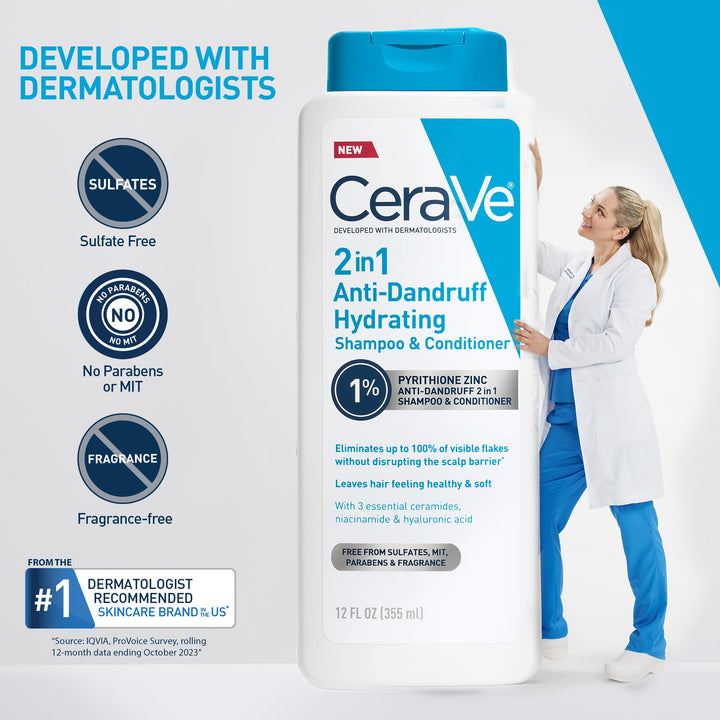 CeraVe 2 In 1 Hydrating Anti Dandruff Shampoo And Conditioner, 1% Pyrithione Zinc Dandruff Treatment, Color Safe & Sulfate Free Shampoo And Conditioner, Helps Eliminate Dandruff & Relieve Itchy Scalp