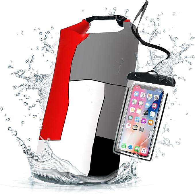 Waterproof Dry Bag Backpack, 5L/10L/20L, Red and Black Geometric, Floating, Lightweight, IPX8 Certified Waterproof Phone Case Included
