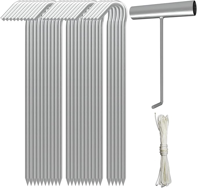 AAGUT 9 Inch Metal Camping Tent Stakes and Ties, 25 Pack Hooked Ground Stakes for Christmas Decorations, Canopy Tent Pegs for Trap, Inflatable Stakes with Tethers and T Hook