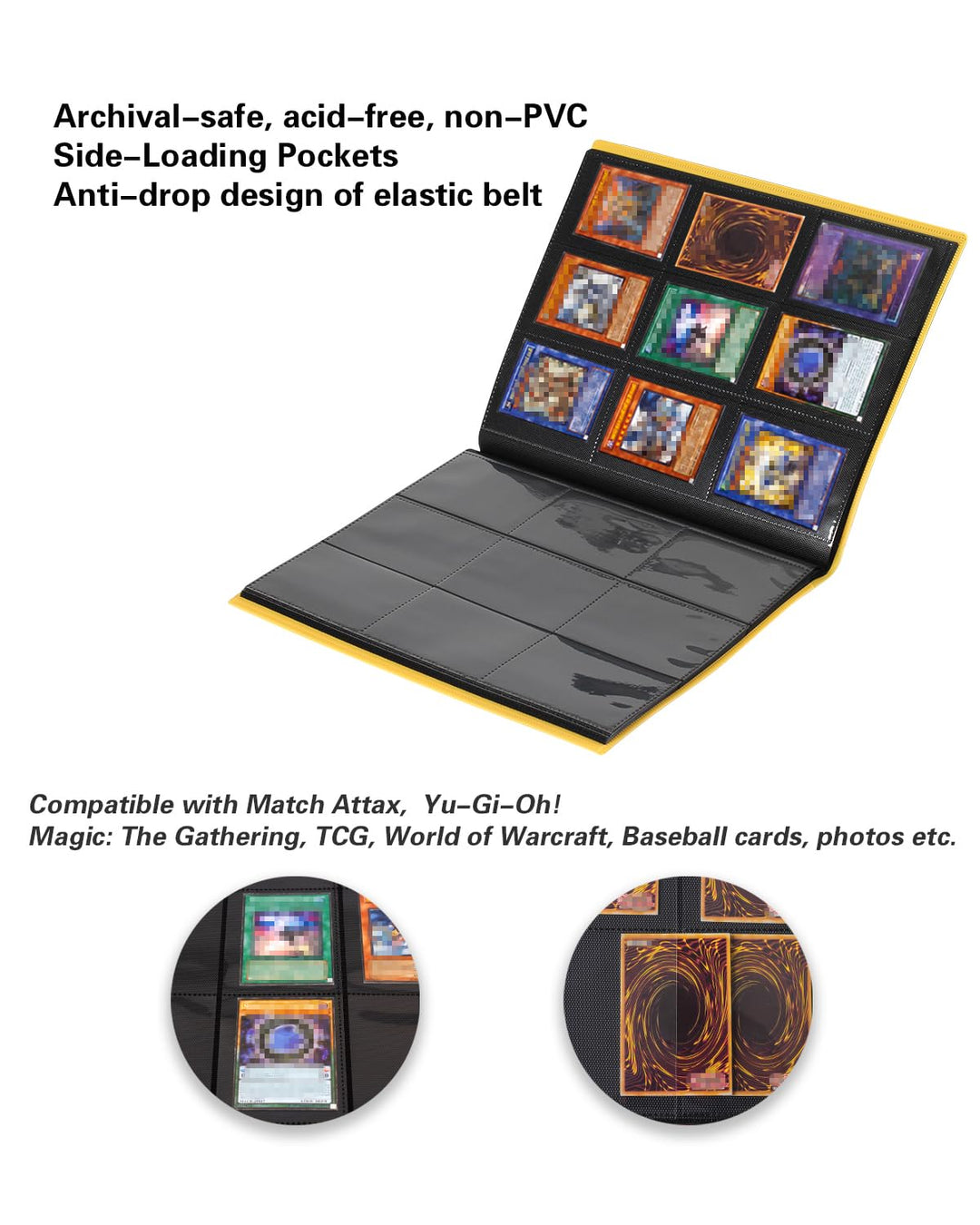 GEAoffice Card Binder, 9 Pockets Trading Card Album Folder, 360 Side Loading Pocket Binder for Yugioh, MTG and Other TCG, Yellow