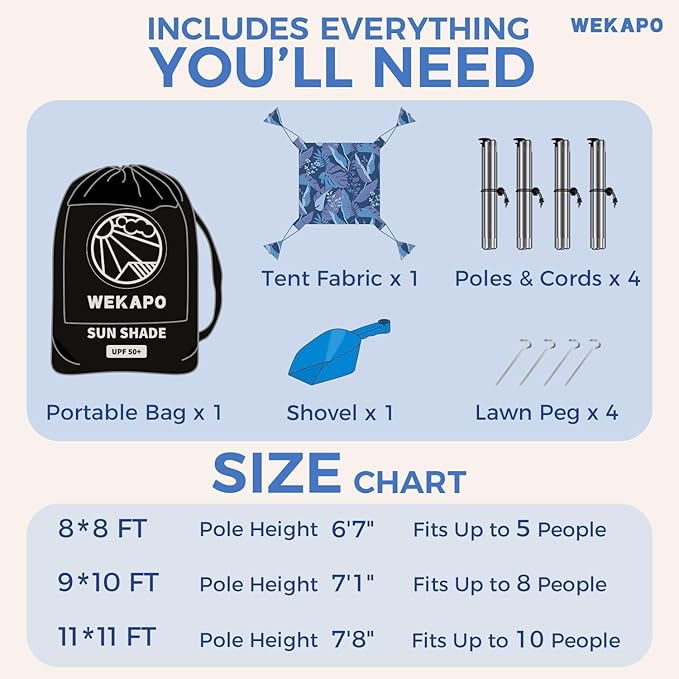 WEKAPO Beach Tent Sun Shelter - Easy Setup Beach Canopy with 4 Sturdy Poles, Large Sandbags and Shovel, 7'1'' Tall, Windproof Sun Shade for Backyard and Camping, UPF 50+ Protection